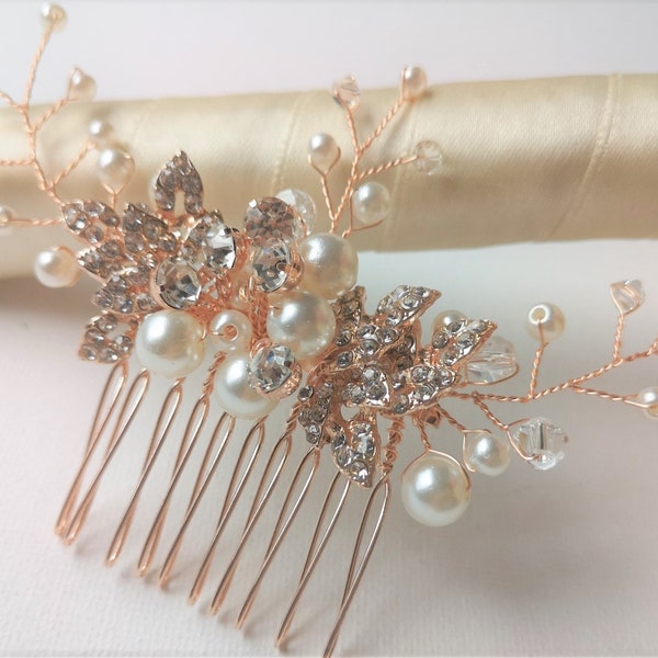 Rose Gold Hair Comb, Rhinestone Faux Pearl Hairpiece, Wedding Headpiece, Bridal Hair Piece, Flower Girl Head Piece, Prom Hair, Bride Mother