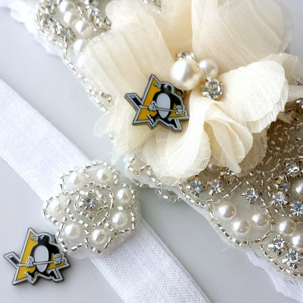 Sport Garters, Pittsburgh Penguins, White Ivory Black, NHL Hockey Team Charms, Bridal Wedding Stretch Garter Set, Custom Flower Garters