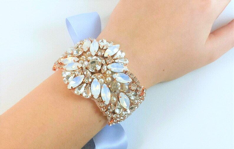 Wrist Corsage Blue Opal Rhinestone Rose Gold Prom Corsage Bracelet Wedding Corsage Bracelet Beaded Bridal Bracelet Bridesmaid Wrist Cuff