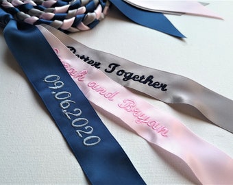 Hand Binding Personalize, Blue Silver Pink Navy, Wedding Gift Hand Binding Cord, Thin Bridal Unity Rope, Embroider Date Name Couple Message