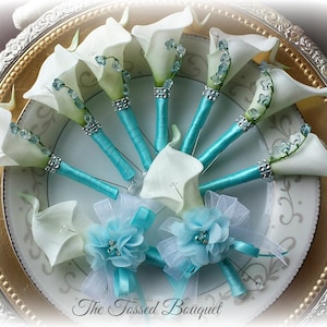 Flower Boutonniere Set, Blue, White, Turquoise, Wedding Bridal, Buttonhole, Groom, Men, Corsage, Lapel Pin, Boutineer, Beach, Destination