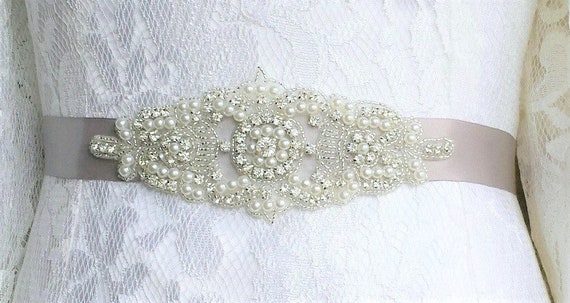 Rhinestone Wedding Sash, Silver Ribbon Bridal Belt, Faux  display picture 2