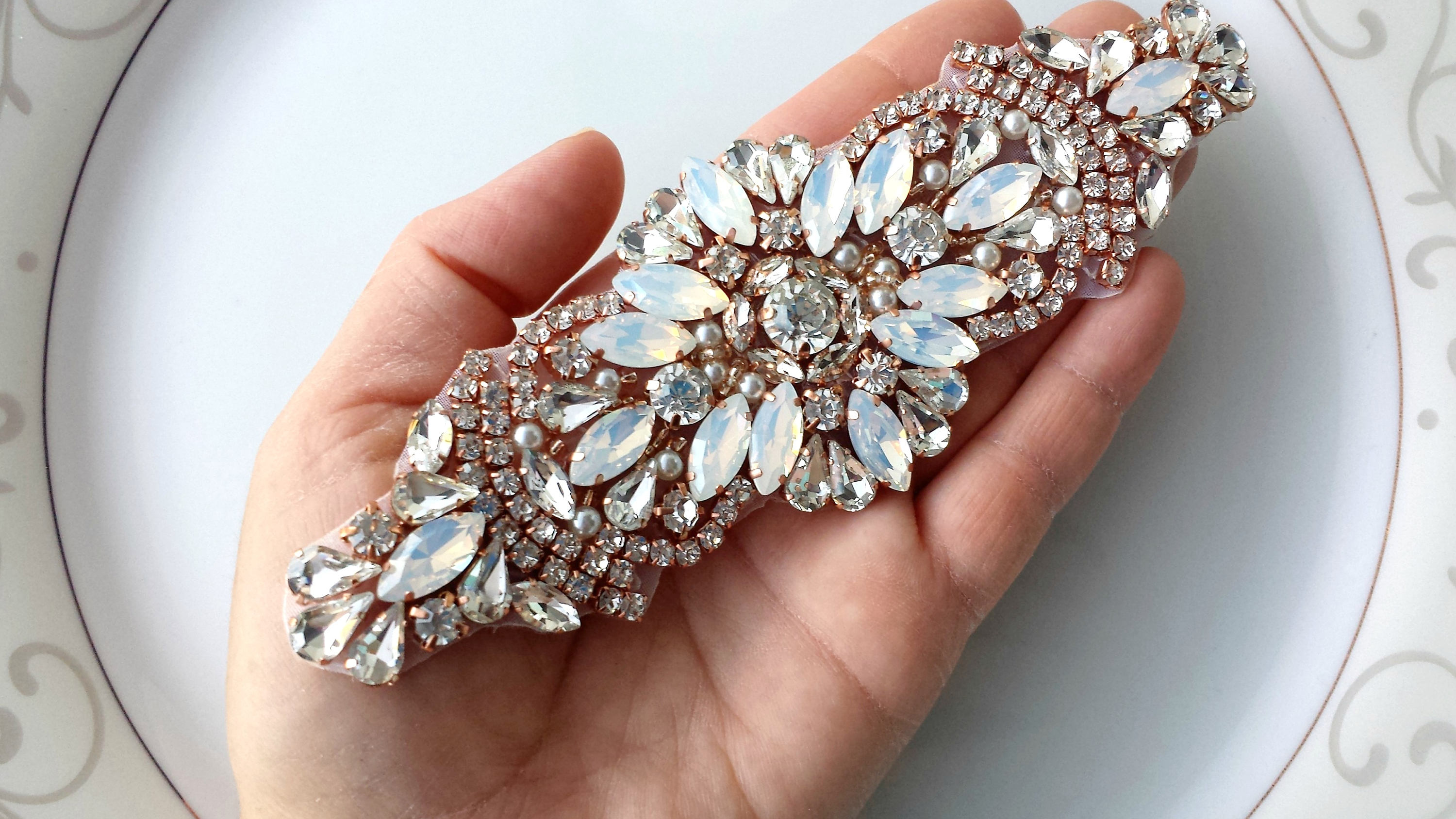 Rose Gold Bridal Sash Applique w/ Matching Beads Surrounding Crystal  Rhinestones