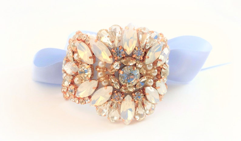 Wrist Corsage Blue Opal Rhinestone Rose Gold Prom Corsage Bracelet Wedding Corsage Bracelet Beaded Bridal Bracelet Bridesmaid Wrist Cuff