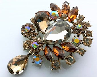 Topaz Brown Bronze Bridal Pin | Teardrop Rhinestone Wedding Brooch