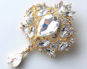Large Bridal Brooch with Clear Rhinestones and Gold Setting | Dangle Teardrop Statement Wedding Pin