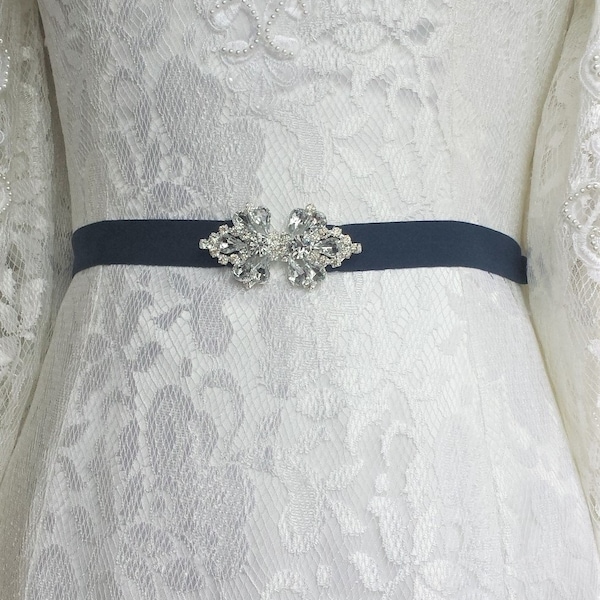 Elastic Waist Belt, Blue Silver Bridal Belt, Clear Rhinestone Clasp Waist, Skinny Spandex Sash Belt, Bridal Gown Wedding Dress Stretch Belt