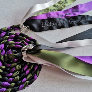 Handfasting Personalize, Purple Green Black, Wedding Gift Hand Binding Cord, Thin Bridal Unity Rope, Charm U Pic Colors Date Name Message