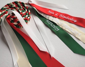 Handfasting Personalized, Green Red Ivory, Wedding Bridal Gift, Thin Binding Unity Union Cord, Embroider Ribbon Braid Date Name 2 Hearts