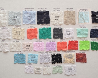 May include: A variety of lace trims in various colors, including white, blue, coral, and black. Each swatch is labeled with its color and width in inches, such as "White Sheen 2 3/4" wide." Several are marked "sold out."