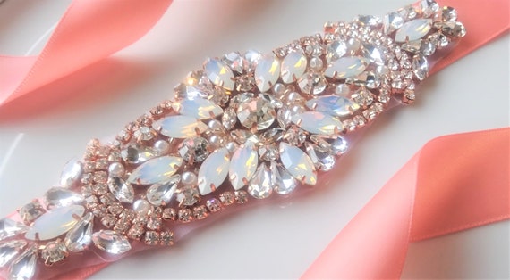 Rhinestone and Pearl applique on Rose pink sash belt Beaded Rhinestone Bridal Sash Applique for Wedding Belt  main image 2