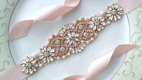 Rhinestone Bridal Belt | Satin Ribbon Sash With Rose Gold  display picture 2
