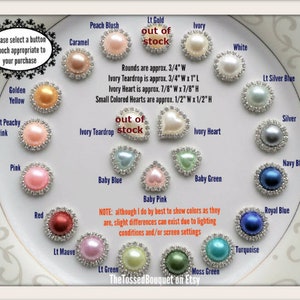 May include: A selection of button brooches in various colors, including pink, blue, and green, with rhinestone accents. The brooches are round, heart, and teardrop shapes. Text on the image reads "please select a button brooch appropriate to your purchase."