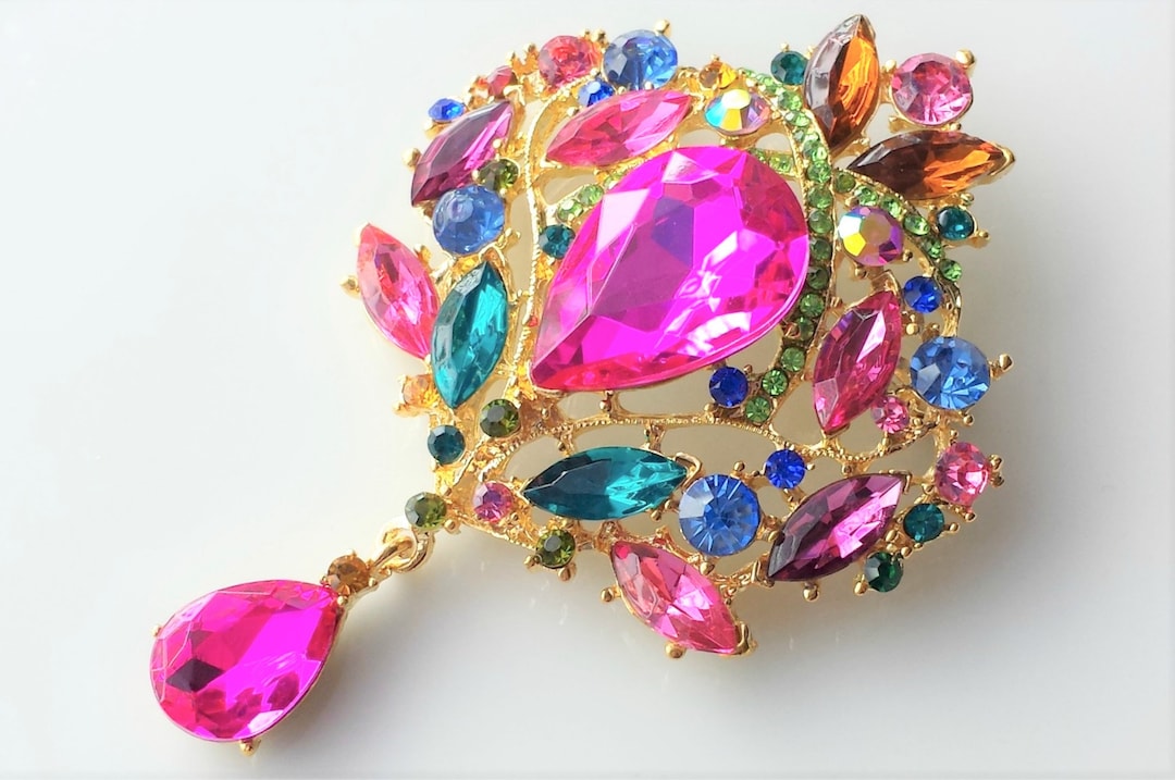 Large Teardrop Rhinestone Bridal Brooch Pin - Rainbow Colors of Pink ...