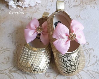 Princess First Birthday Outfit - Princess Shoes - Gold Baby Shoes - Pink and Gold 1st Birthday Outfit - Gold Flower Girl Shoes