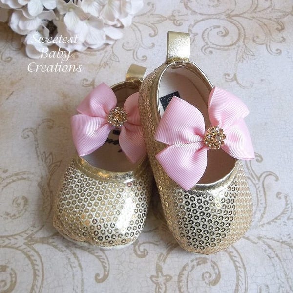 Princess First Birthday Outfit - Princess Shoes - Gold Baby Shoes - Pink and Gold 1st Birthday Outfit - Gold Flower Girl Shoes