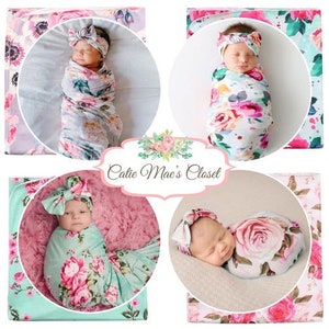 Swaddle Bow Set - Floral Swaddle Set - Baby Shower Gift - Newborn Swaddle and Headband - New Baby Girl Gift - Floral Baby Blanket - SALE