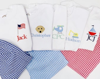 Boys Monogrammed Shirt and Shorts Set, Monogrammed Outfit for Toddler Boys, Personalized Shirt for Boys, Boys Monogrammed Gingham Shorts