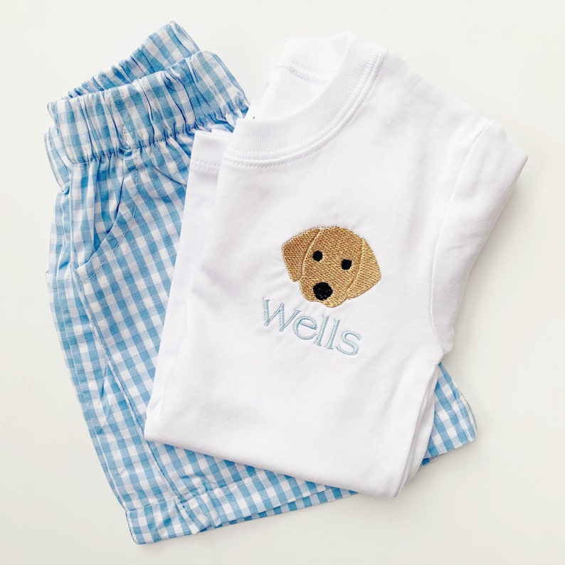 May include: A white short-sleeved t-shirt with a brown dog face embroidered on the front. The shirt also has the name "Wells" embroidered in blue below the dog. The shirt is paired with blue and white gingham shorts.