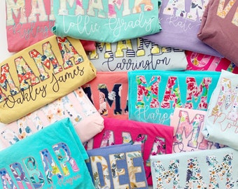 Personalized Mom Shirt with Kids Names • Custom Applique Name Shirt • Embroidered Mother's Day Gift for Mom, Nana, Grammy, Mimi
