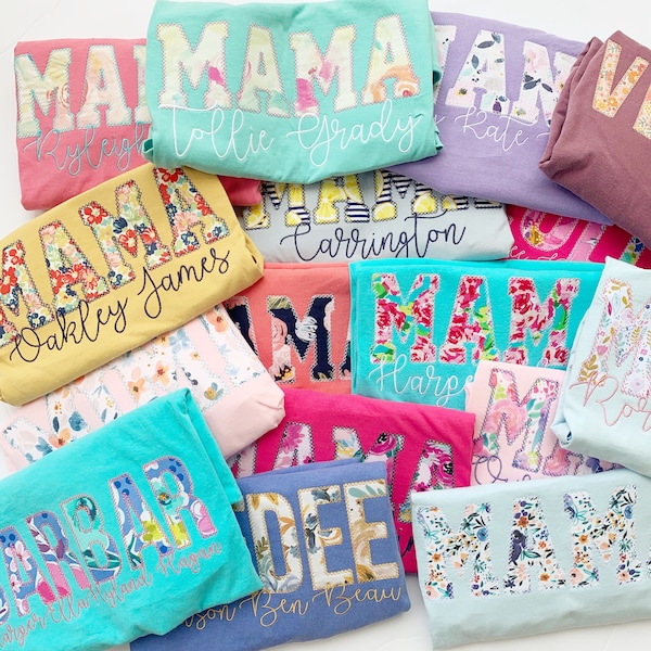 Personalized Mom Shirt with Kids Names • Custom Applique Name Shirt • Embroidered Mother's Day Gift for Mom, Nana, Grammy, Mimi