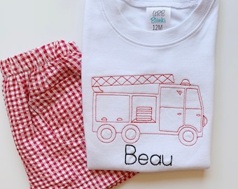 Boys Embroidered Fire Truck Outfit, Toddler Boys Summer Outfit, Summer Outfit for Baby Boy,Boys Fire Truck Shirt, Boys Monogrammed Outfit