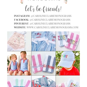 May include: A collage of images featuring personalized towels, hats, and clothing with embroidered names. The towels are striped in pink and blue, and the hats are blue with colorful letters. The clothing includes a pink and white dress, a blue and white dress, and a blue and white shirt. The text on the image reads "Caroline Claire Monograms let's be friends!" and includes social media handles and a website address.