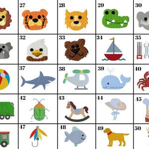 May include: A grid of 50 colorful embroidered images, each representing a different animal, object, or concept. The images are numbered from 26 to 50.