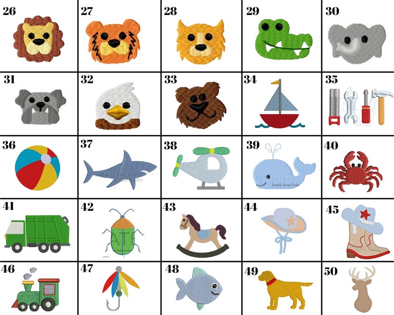 May include: A grid of 50 colorful embroidered images, each representing a different animal, object, or concept. The images are numbered from 26 to 50.