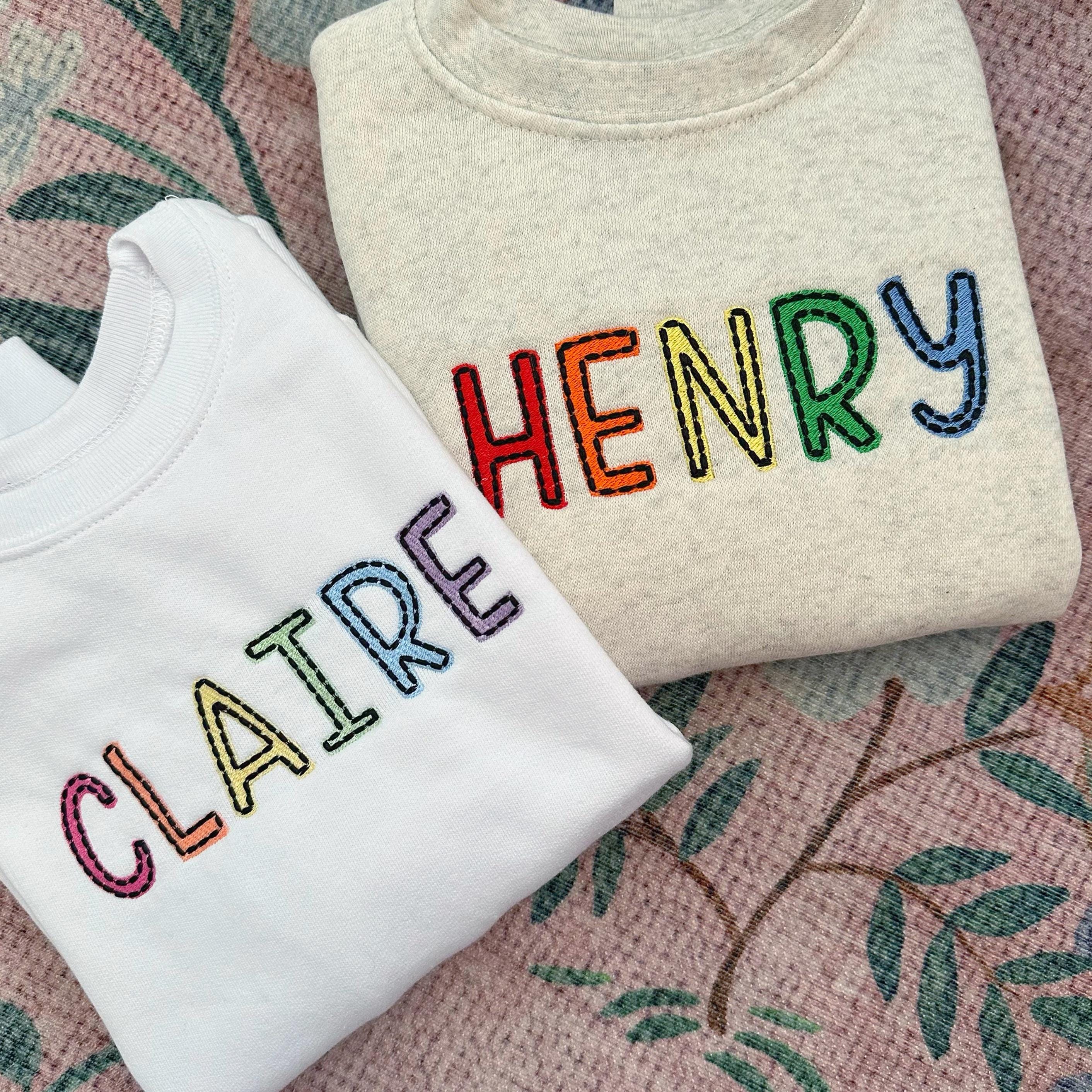 Personalized Kids Sweatshirt with Rainbow Embroidery Custom Name Toddler & Youth Pullover Pastel or Primary Rainbow Name Sweater