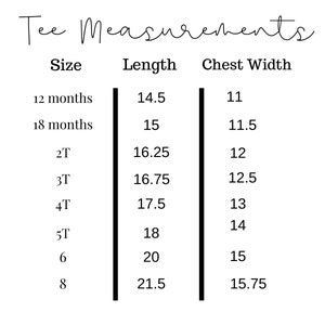 May include: A chart showing tee shirt sizes and their corresponding length and chest width measurements in inches. The sizes range from 12 months to 8.