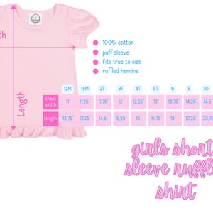 May include: Pink short-sleeve shirt with a ruffled hemline. The shirt is made of 100% cotton and is available in sizes 12M to 12. The size chart shows the chest width and length in inches.