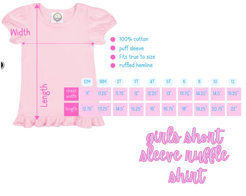 May include: Pink short-sleeve shirt with a ruffled hemline. The shirt is made of 100% cotton and is available in sizes 12M to 12. The size chart shows the chest width and length in inches.