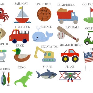 May include: A colorful chart with embroidered images of various objects, including a crab, sailboat, basketball, dump truck, golf green, puppy, firetruck, whale, baseball, golf cart, helicopter, duck, excavator, monster truck, flag, fishing lures, dinosaur, shark, and airplane.