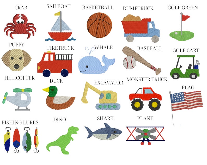 May include: A colorful chart with embroidered images of various objects, including a crab, sailboat, basketball, dump truck, golf green, puppy, firetruck, whale, baseball, golf cart, helicopter, duck, excavator, monster truck, flag, fishing lures, dinosaur, shark, and airplane.