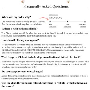 May include: Frequently asked questions about ordering custom monograms. The text includes information about processing time, rush orders, monogram style, personalization details, returns, and color variations.