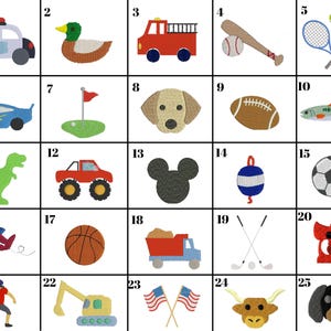 May include: A grid of 25 colorful images depicting various objects and activities, including a police car, a duck, a fire truck, a baseball bat and ball, tennis rackets, a sports car, a golf course, a dog, a football, a fish, a dinosaur, a monster truck, Mickey Mouse, a buoy, a soccer ball, an airplane, a basketball, a dump truck, golf clubs, a monster, a baseball player, an excavator, an American flag, a bull, and a dog.