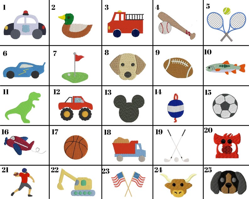 May include: A grid of 25 colorful images depicting various objects and activities, including a police car, a duck, a fire truck, a baseball bat and ball, tennis rackets, a sports car, a golf course, a dog, a football, a fish, a dinosaur, a monster truck, Mickey Mouse, a buoy, a soccer ball, an airplane, a basketball, a dump truck, golf clubs, a monster, a baseball player, an excavator, an American flag, a bull, and a dog.