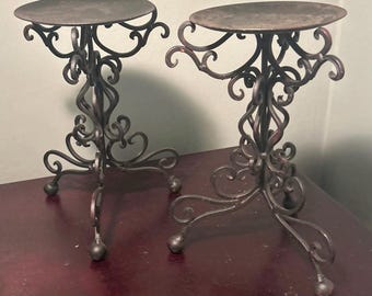Vintage Wrought Iron Scroll Design Candle Holder Pair Black Decorative