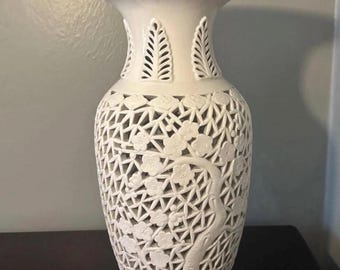 Antique Chinese Reticulated Porcelain Blanc De Chine White Vase Cherry Blossom
