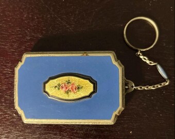 Antique Art Deco Vintage Guilloche Blue Enamel Flower Compact Mirror Finger Ring