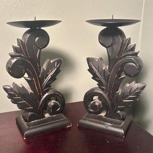 Hand Carved Wood Candle Holders Pair Vintage Ebony Scroll Leaf Pattern Wood Base