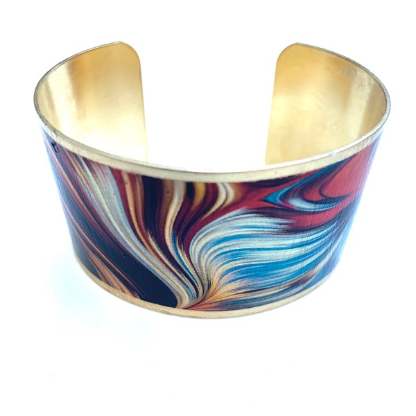 Blue, Red, Swirl Abstract Modern Design, Cuff Bracelet, Brass