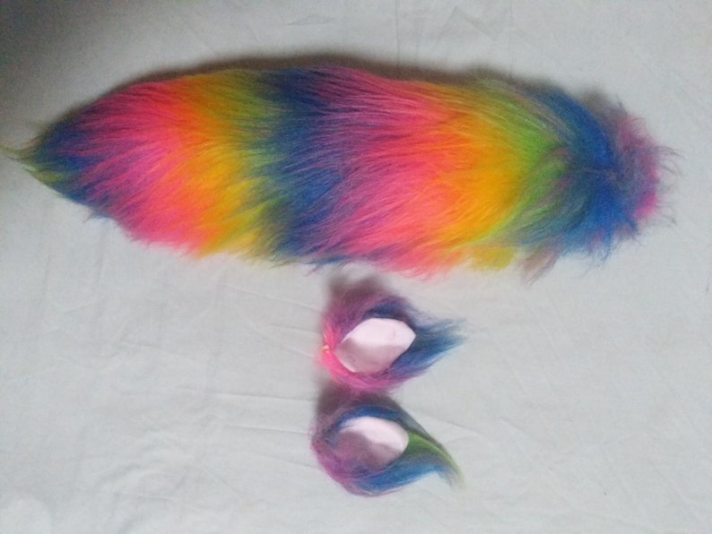 Rainbow Ears And Long Tail Luxury Fur Animal Fancy Dress Rainbow Costume Set