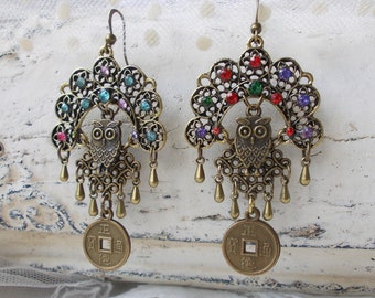 Owl and zircons chandelier earrings, filigree vintage bronze elegant oriental dangle earrings with owl and  lucky Chinese coin charms.