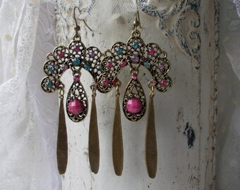 Colorful and pink zircone chandelier earrings with long water drop  filigree vintage bronze elegant oriental dangle earrings