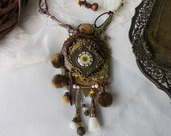 Mandala pendant necklace tribal amulet oriental protection talisman statement cabochon boho gift Indian tassel fabric pom pom jewelry
