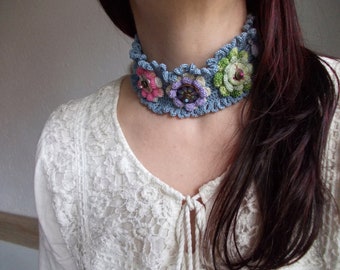 Blue colorful floral choker crochet necklace Spring statement flowers fairy cotton yarn rainbow boho collar necklace unique jewelry gift