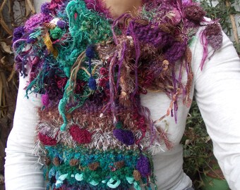 Emerald green purple brown deep magenta fringe Patchwork Artistic knit scarf handmade pin brooch neck warmer boho Christmas accessories