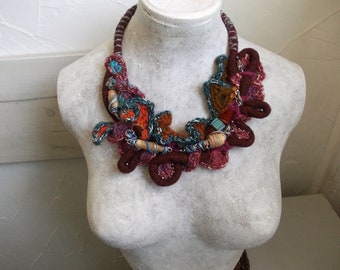 Crochet ethnic Burgundy colorful bib necklace with hand made beads statement fiber chain necklace rustic unique jewelry OOAK gift for her